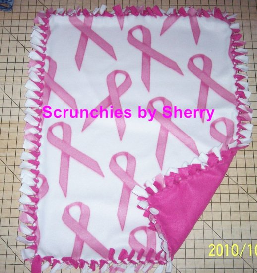 Breast Cancer Pink Ribbon Tied Fleece Blanket White