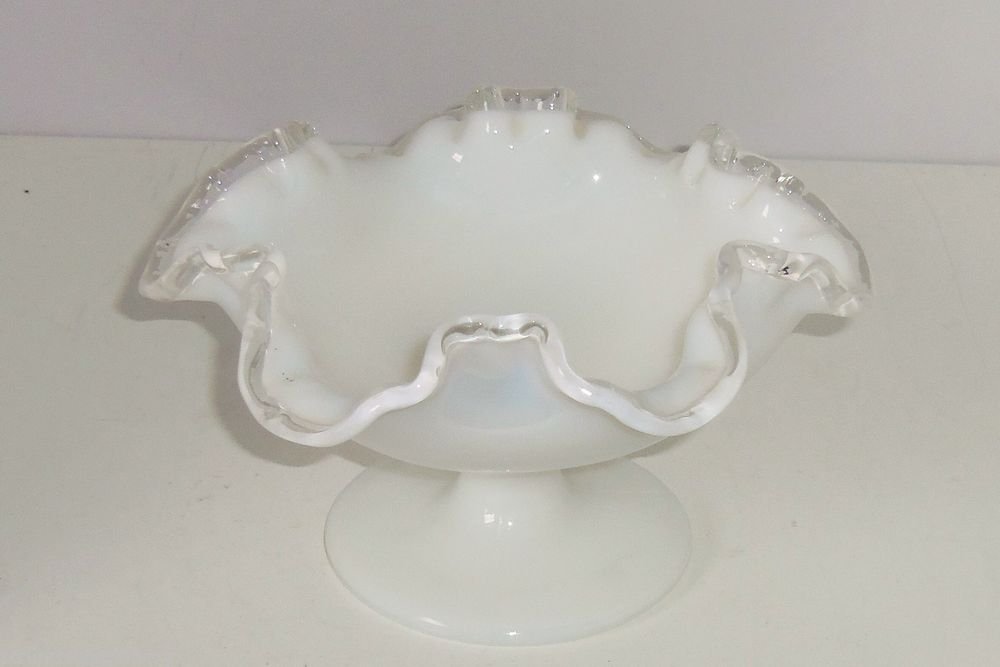 Fenton Candy Dish Footed Clear White Milk Glass Silver Crest Ruffled 7" Vintage