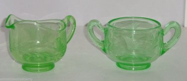 Sugar Bowl Creamer Green Vaseline Uranium Floral Etched Depression Vintage
