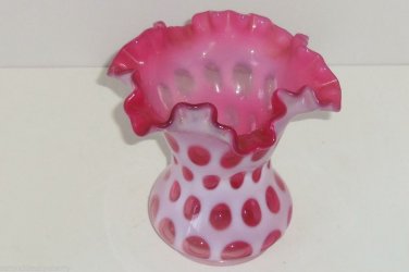 Fenton Cranberry Coin Dot Ruffled Opalescent Vase Vintage Pink White