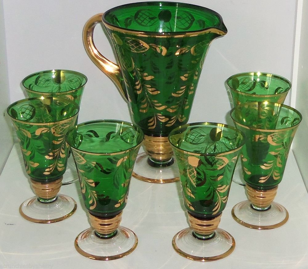 Bohemian Emerald Green Gold Pitcher 6 Glasses Tea Cocktail Vintage Mid Century 5410