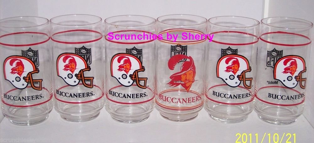 6 Tampa Bay Buccaneers Glasses Glass Mobil Collector Drink Old Logo Vintage Gift