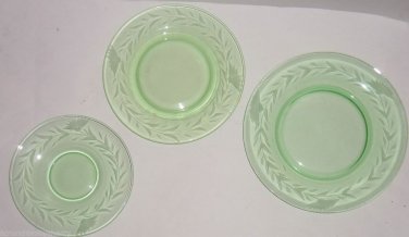 11 Green Vaseline Uranium Floral Etched Depression Vintage Salad Dessert Saucer