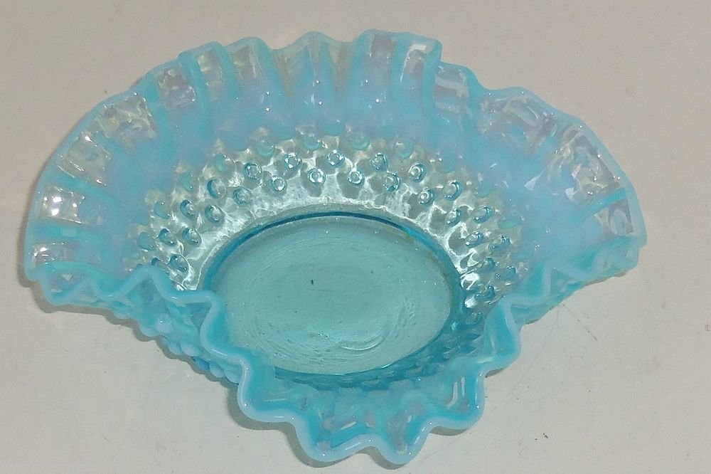 Fenton Blue Dish Opalescent Hobnail Ruffled Candy Bon Bon 6 1/2" Vintage