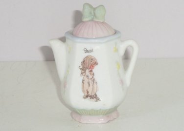 Precious Moments Basil Spice Jar Teapot Pink Lid Flowers 1995 New Vintage