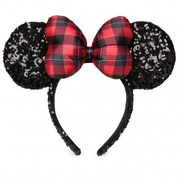 Disney Parks Minnie Mouse Christmas Headband Ears Sequins Plaid Bow 2017
