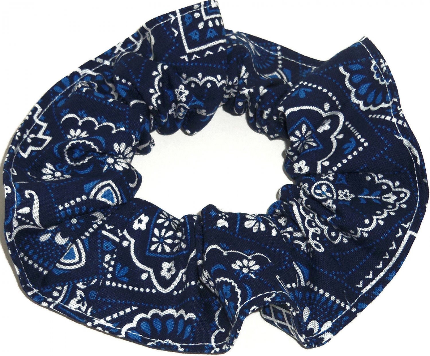 Blue on Navy Bandana Print Fabric Hair Scrunchie Scrunchies By Sherry