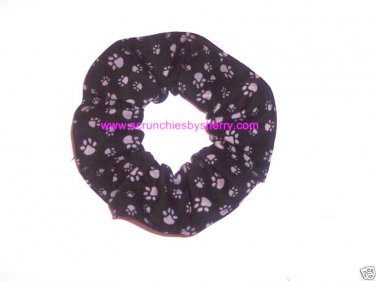 Dog Paw Prints Gray on Red Fabric Hair Ties Scrunchie Scrunchies by Sherry