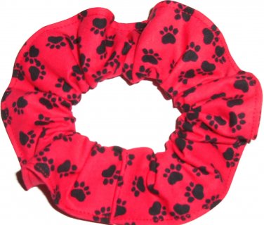 Dog Paw Prints Black on Red Fabric Hair Ties Scrunchie Scrunchies by Sherry