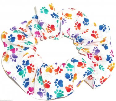 Dog Paw Prints Rainbow on White Fabric Hair Ties Scrunchie Scrunchies by Sherry