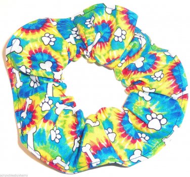 Dog Paw Prints Bones Tie Dye Fabric Hair Ties Scrunchie Scrunchies by Sherry