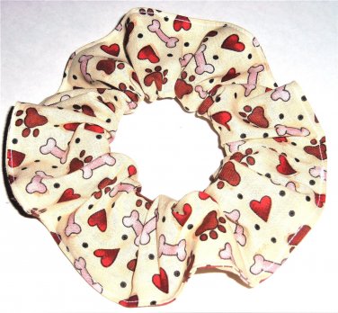 Dog Paw Prints Bones Cream Fabric Hair Ties Scrunchie Scrunchies by Sherry
