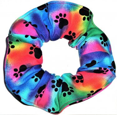 Dog Paw Prints Rainbow Tie Dyed Fabric Hair Ties Scrunchie Scrunchies by Sherry