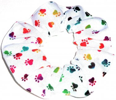 Dog Paw Prints Tie Dyed Rainbow on White Fabric Hair Ties Scrunchie Scrunchies by Sherry