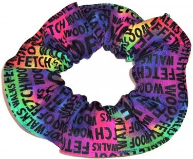 Dog Words Rainbow Tie Dyed Fabric Hair Ties Scrunchie Scrunchies by Sherry