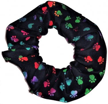 Dog Paw Prints Tie Dyed Rainbow on Black Fabric Hair Ties Scrunchie Scrunchies by Sherry