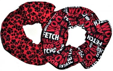 Red Dog Paw Words  Print Fabric Hair Ties Scrunchie Scrunchies by Sherry Set of 2