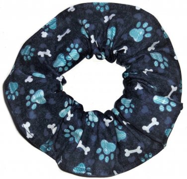 Blue Plaid Paw Prints Fabric Hair Ties Scrunchie Scrunchies by Sherry