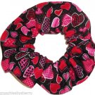 Valentines Red Hearts Black Fabric Hair Scrunchies