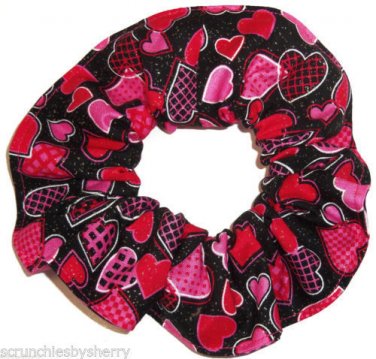 Valentines Red Hearts Black Fabric Hair Scrunchies