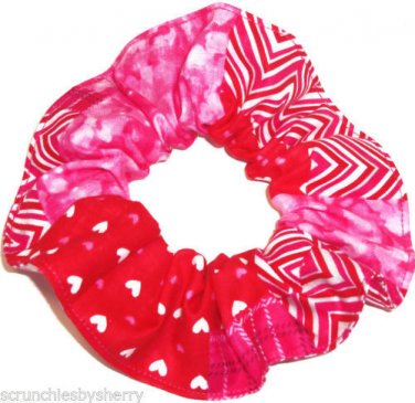 Valentines Red Pink Hearts Patchwork Fabric Hair Scrunchies