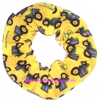 John Deere Tractors on Yellow Fabric Hair Scrunchie Scrunchies by Sherry