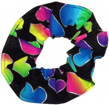 Rainbow Glitter Hearts Colorful Bright Fabric Hair Scrunchie Scrunchies by Sherry