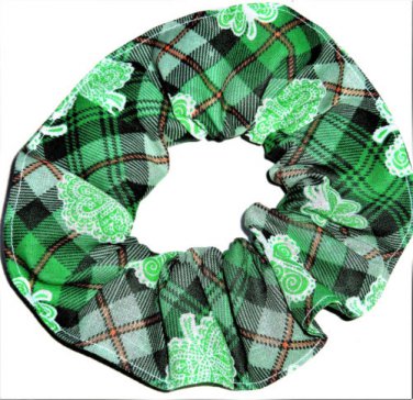 St Patricks Day Fabric Hair Scrunchie Shamrocks on Plaid Green