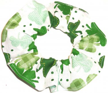 St Patricks Day Fabric Hair Scrunchie Shamrocks on White