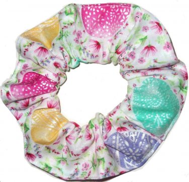 Easter Eggs Floral White Fabric Hair Scrunchie Ties Pony Tail Holder Tie Scrunchies by Sherry