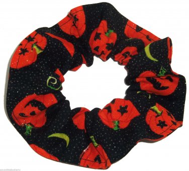 Halloween Pumpkins Black Gold Glitter Fabric hair Scurnchie Scrunchies by Sherry