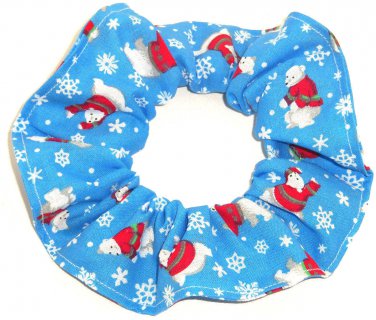 Polar Bears Christmas Holiday Blue Fabric Hair Scrunchie Ties Scrunchies by Sherry