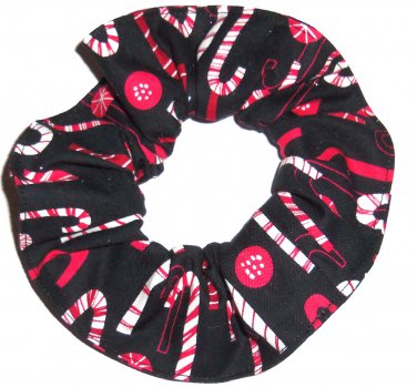 Candy Canes Christmas Holiday Black Fabric Hair Scrunchie Ties Scrunchies by Sherry