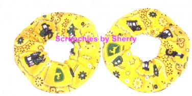 John Deere Yellow  Bandana Fabric Mini Hair Scrunchie Scrunchies by Sherry Lot of 2