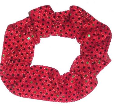 Red with Green Sequin Dots Fabric Hair Scrunchis Scrunchies by Sherry