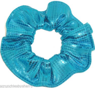Turquoise Teal Blue Foil Sequins Knit Hair Scrunchie Scrunchies by Sherry Fabric Ties Ponytail New