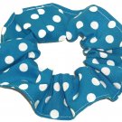 White on Turquiose Polka Dots Dot Fabric Hair Scrunchie Ties Scrunchies by Sherry