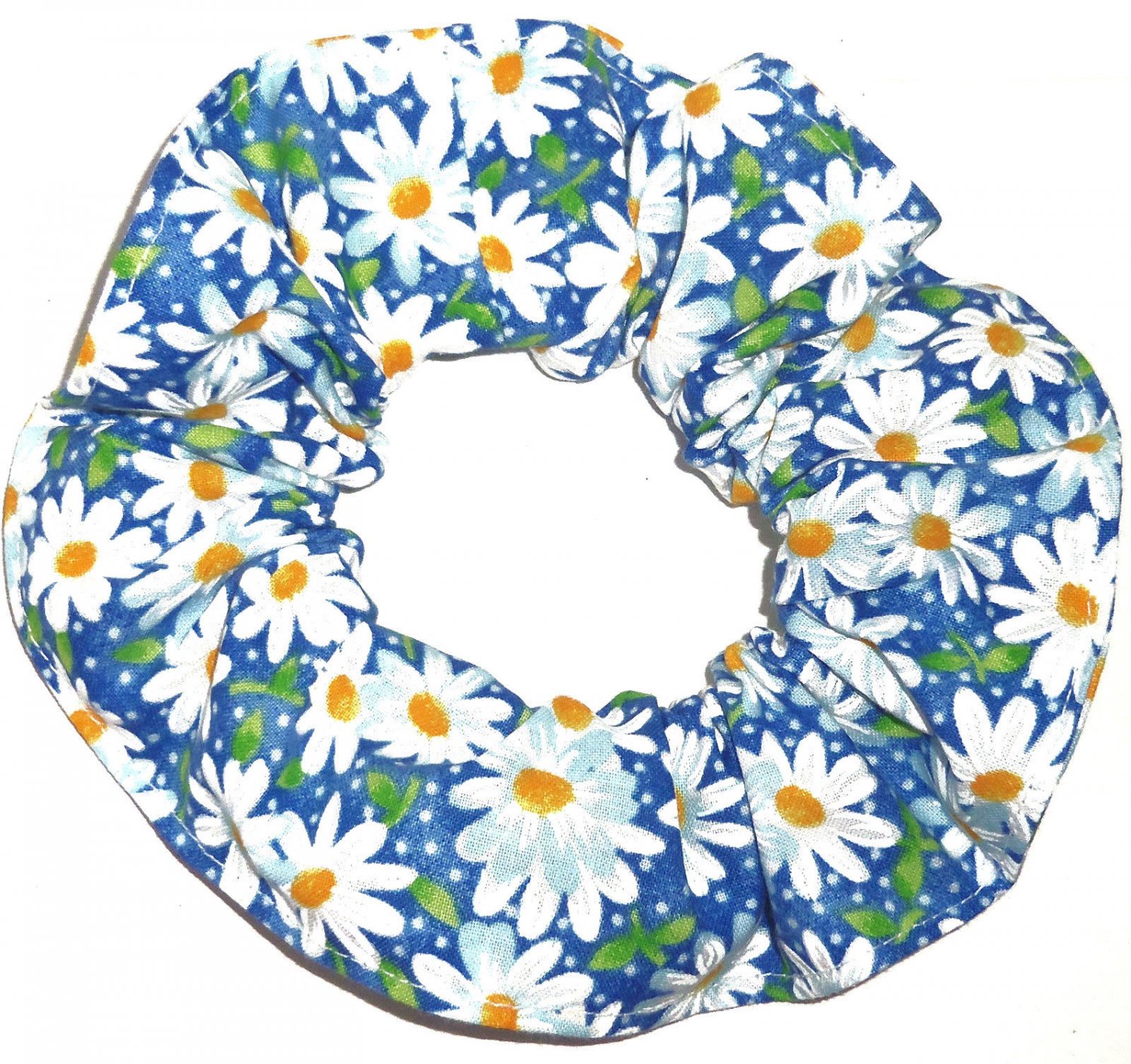 White Daisies Floral Blue Fabric Hair Ties Scrunchie Scrunchies by Sherry