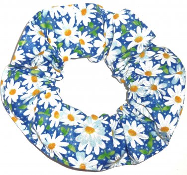 White Daisies Floral Blue Fabric Hair Ties Scrunchie Scrunchies by Sherry