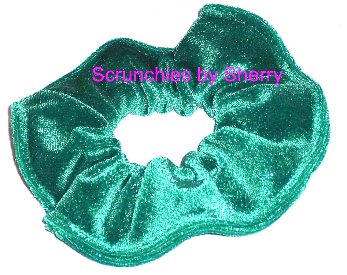 Green Bejeweled Glitter Spraking Velvet Fabric Hair Scrunchie Scrunchies by Sherry