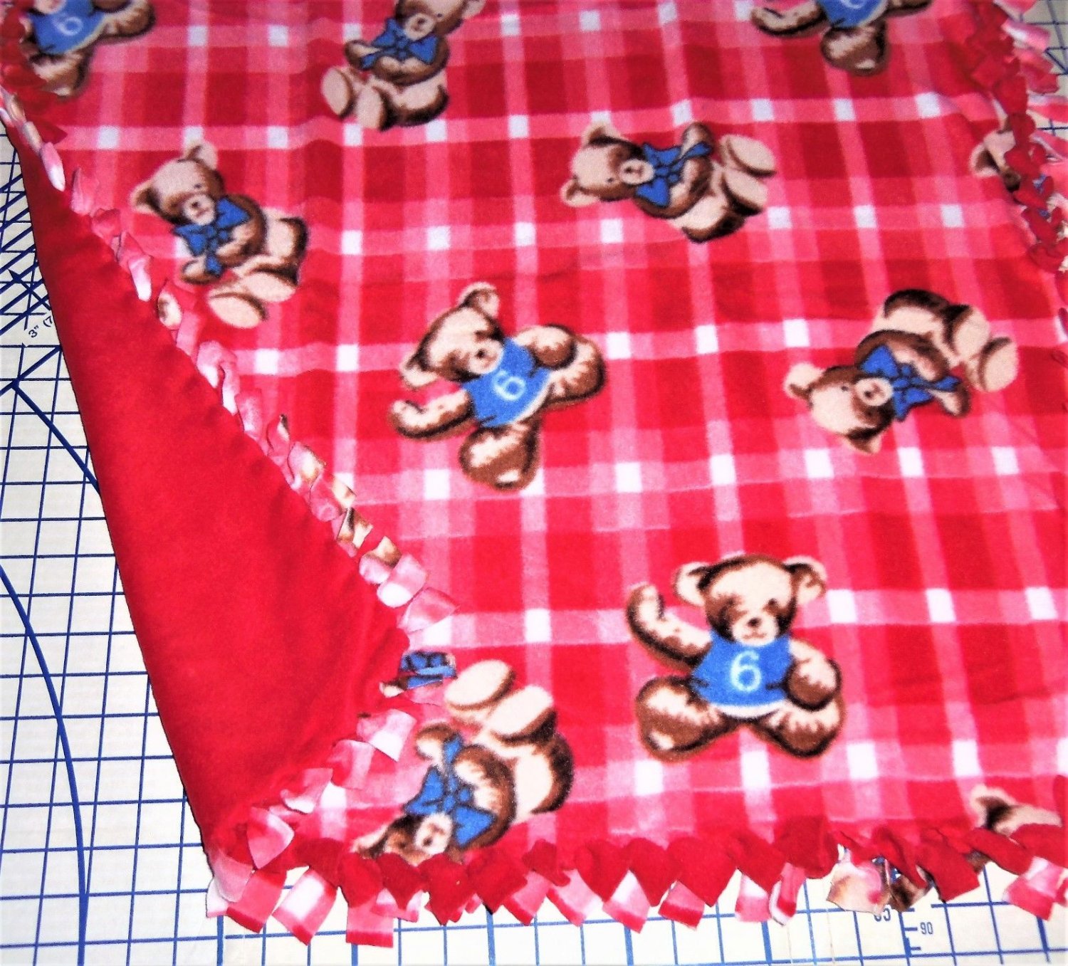 Teddy Bears Red Plaid Fleece Baby Pet Lap Blanket Hand Tied 30" x 24"