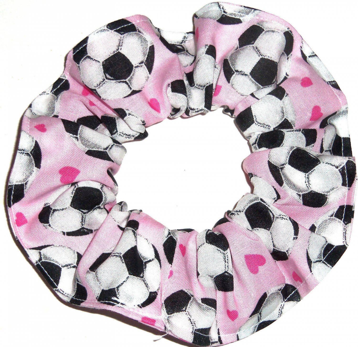 Soccer Balls Hearts Pink Fabric hair Scrunchie Scrunchies by Sherry