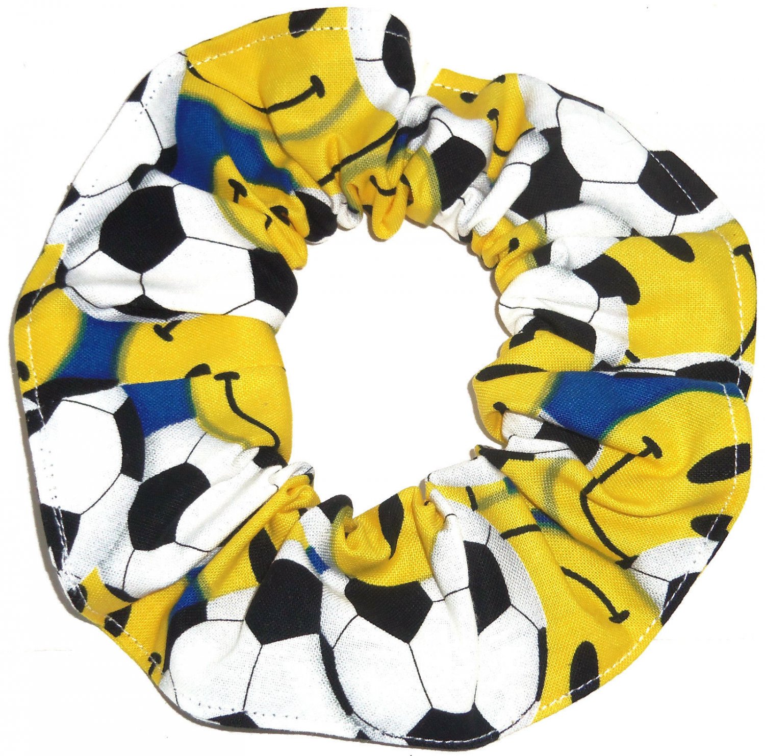 Soccer Balls Happy Faces Yellow Fabric hair Scrunchie Scrunchies by Sherry