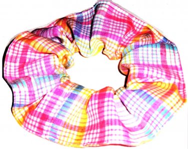 Blue Yellow Pink Plaid Fabric Hair Scrunchie Scrunchies by Sherry