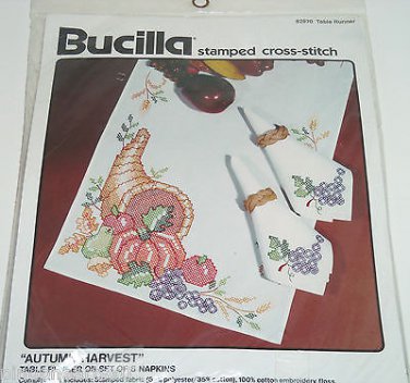Bucilla Stamped Cross Stitch Kit Autumn Harvest Table Runner 82870 Vintage 1990