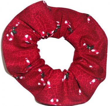 Candy Cane Christmas Holiday Red Crackle Fabric Hair Scrunchie Ties Scrunchies by Sherry