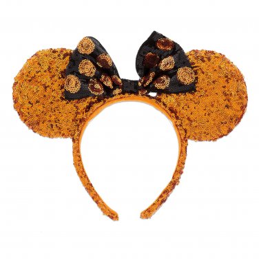Disney Minnie Mouse Halloween Ear Headband Orange Black Sequins Bow Theme Parks 2018