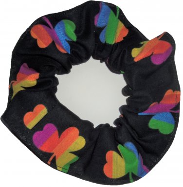 Rainbow Shamrocks St Patricks Day Black Fabric Hair Scrunchie Scrunchies by Sherry