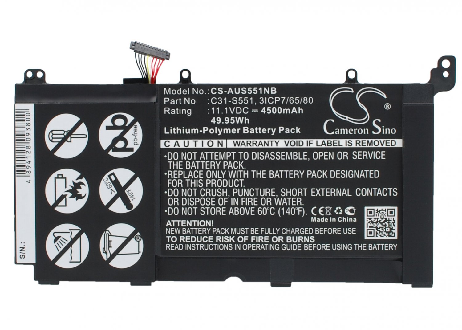 BATTERY ASUS 3ICP7/65/80, C31-S551, S551LB-CJ046H FOR S551L, S551LA, S551LB, V551L
