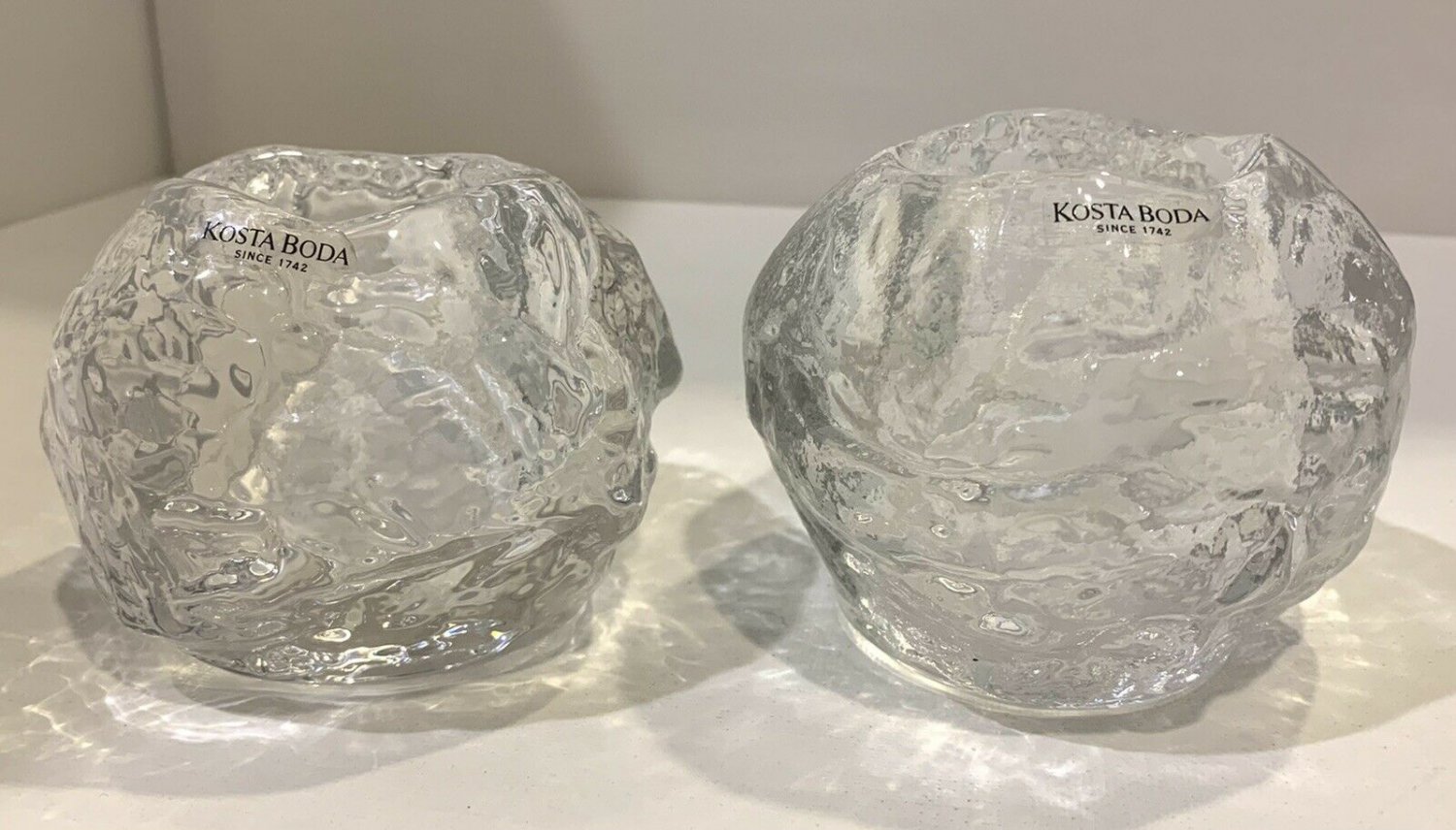 Set of 2 Kosta Boda Scandinavian Crystal Snowball Candle Holders